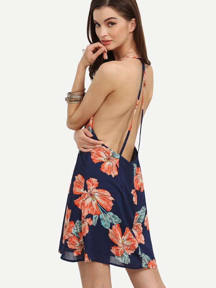 Shein Navy Flower Print Strappy Backless Chiffon Dress