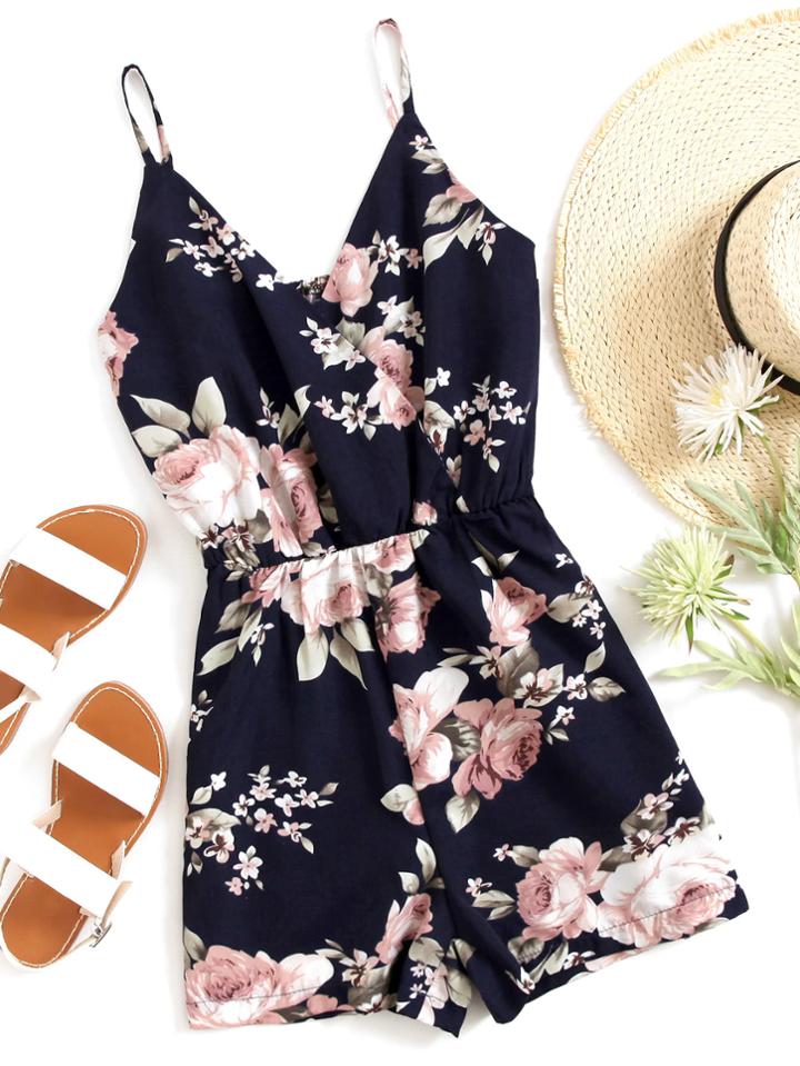 Shein Floral Print Random Surplice Cami Romper