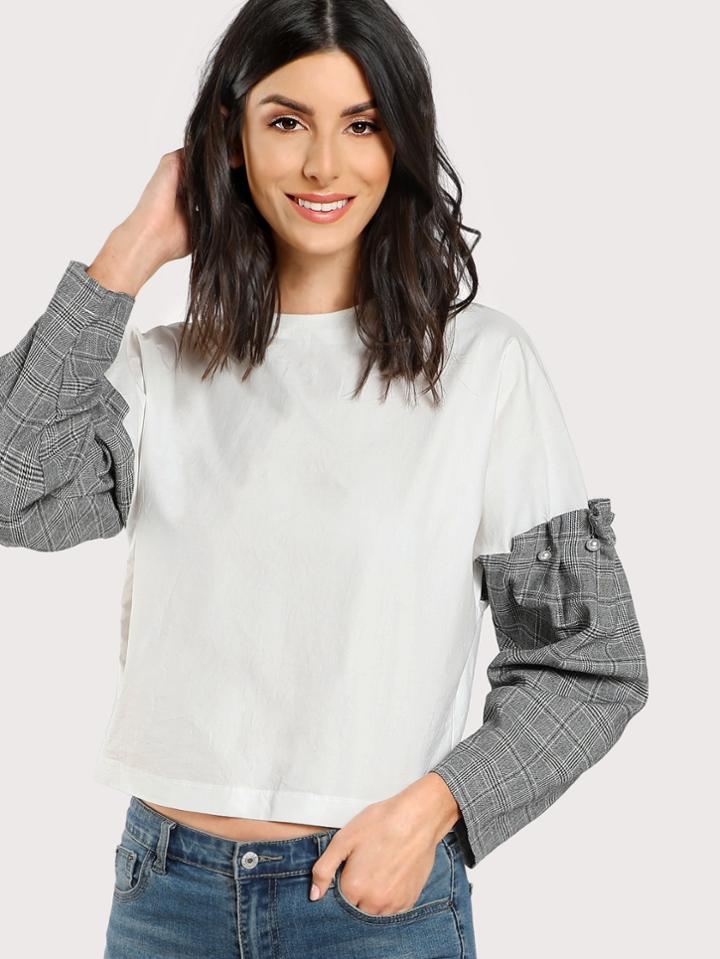 Shein Pearl Beading Frilled Checkered Sleeve Top