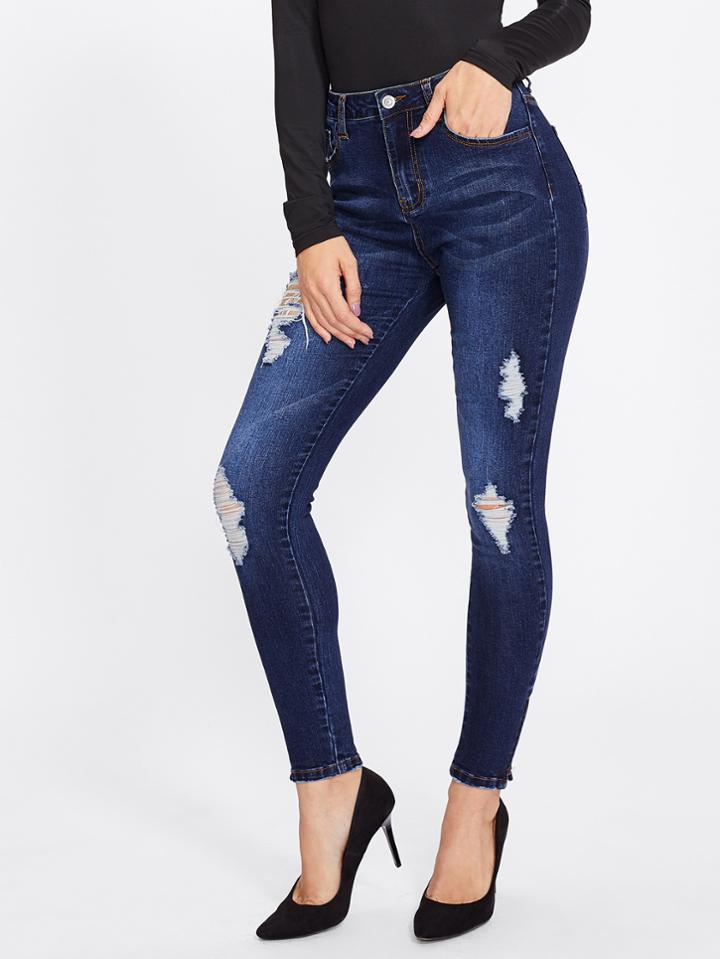 Shein Zipper Up Hem Shredded Jeans
