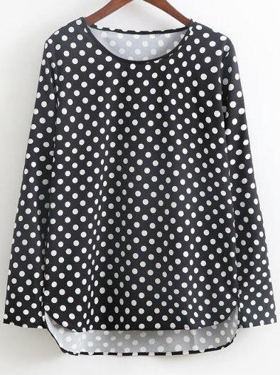 Shein Black Polk Dot High Low Blouse