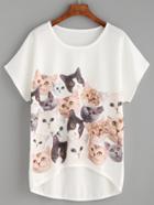 Shein White Cat Print High Low T-shirt