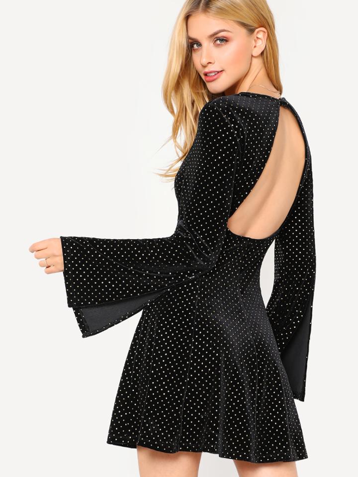 Shein Open Back Split Bell Sleeve Velvet Dress