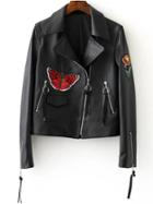 Shein Black Flower Embroidery Oblique Zipper Pu Jacket