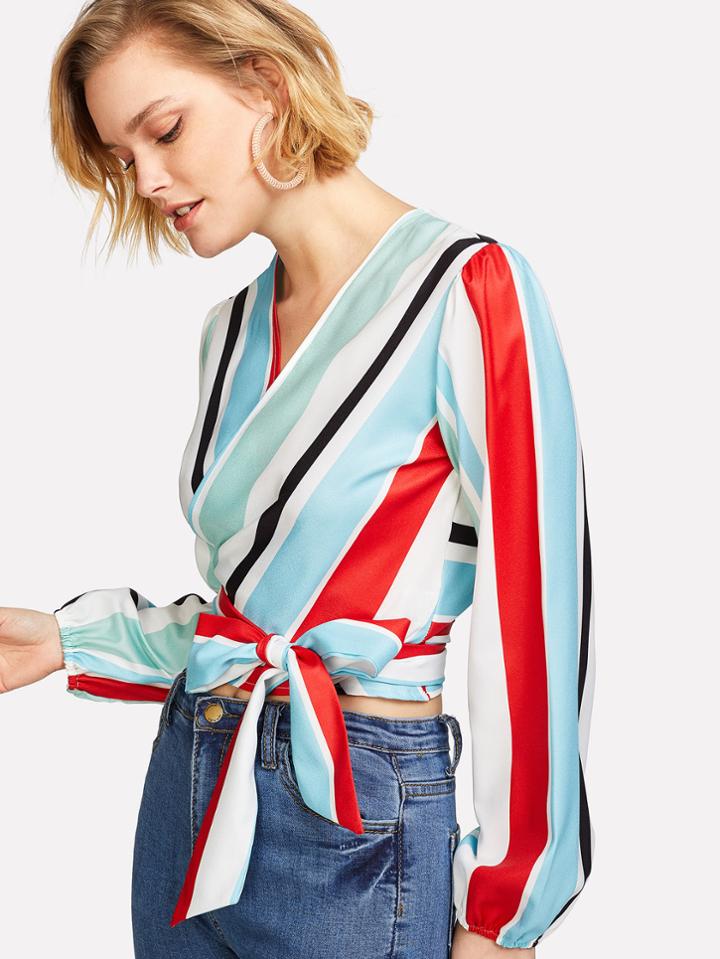 Shein Color Block Knot Front Blouse
