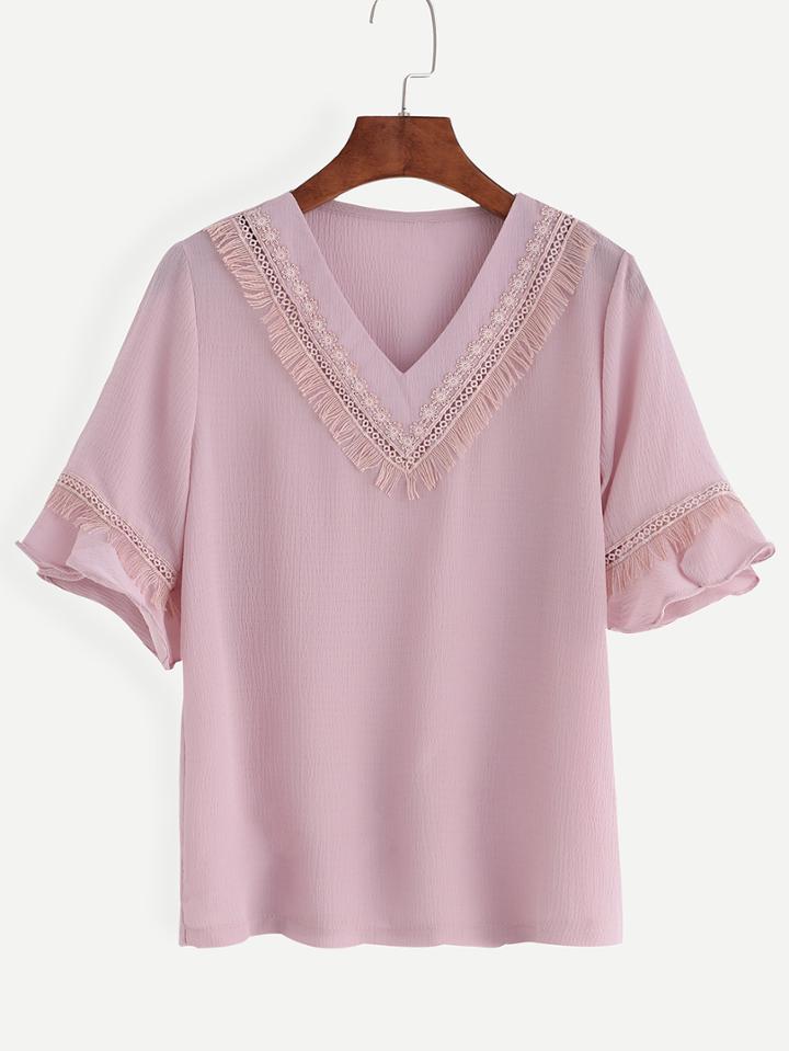 Shein Tassel Trimmed Pink V Neck Ruffle Sleeve Blouse