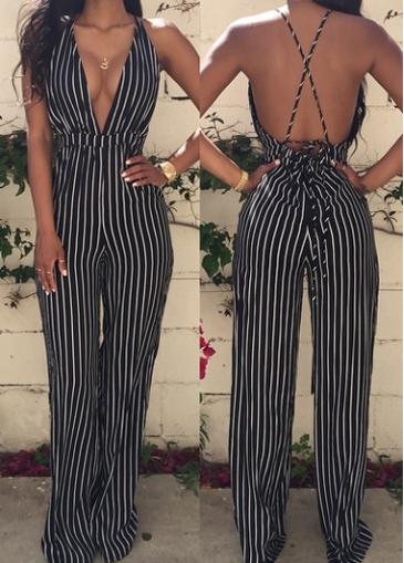 Rosewe V Neck Vertical Print Cross Back Jumpsuits