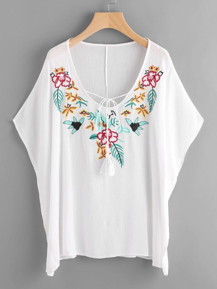 Shein Embroidery Tassel Tie Kaftan Top