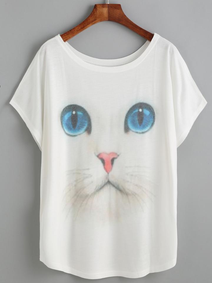 Shein White Cat Print Loose T-shirt