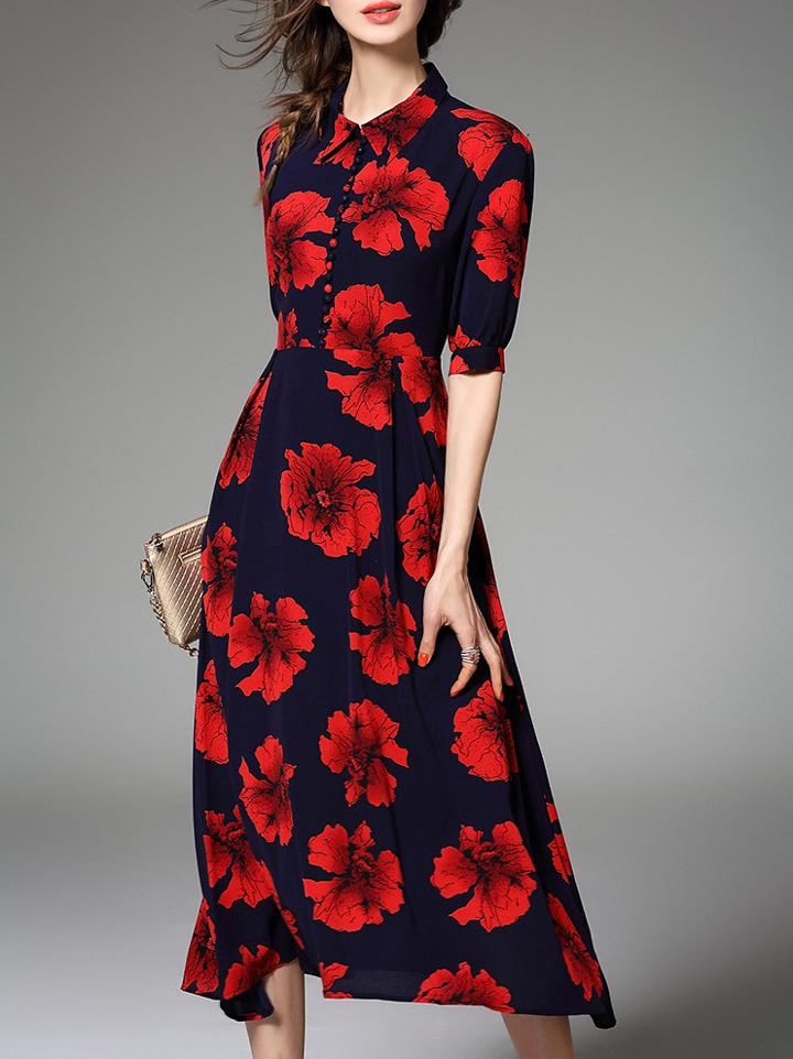 Shein Navy Lapel Flowers Jacquard Midi Dress