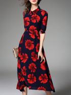 Shein Navy Lapel Flowers Jacquard Midi Dress