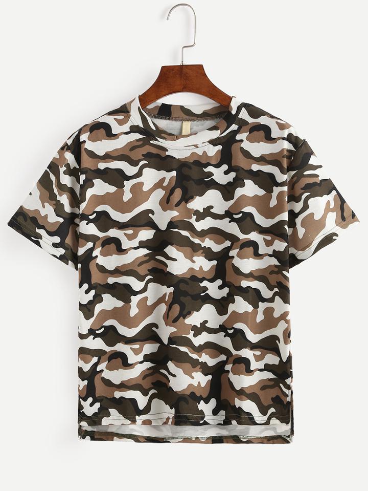Shein High-low Camo T-shirt - White