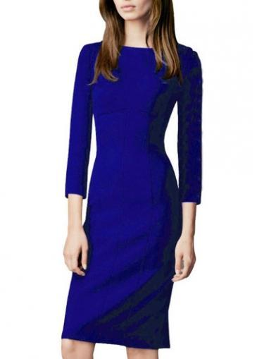 Rosewe Brief Round Neck Long Sleeve Deep Blue Dress