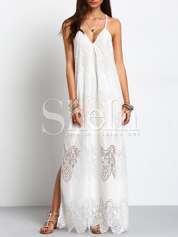 Shein Cream Deep V Neck Split Slip Maxi Dress