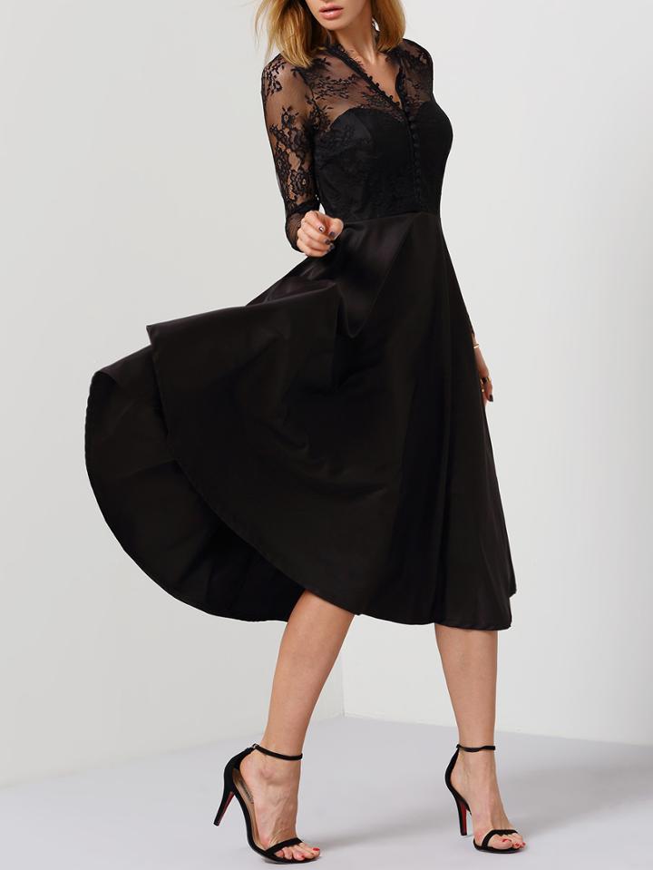 Shein Black V Neck Sheer Mesh Lace Dress