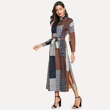 Shein Geometric Print Belted Ruffle Split Side Dress