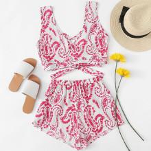 Shein Crisscross V Neck Paisley Print Top & Shorts Set