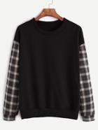 Shein Black Contrast Plaid Sleeve Sweatshirt