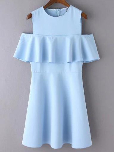 Shein Blue Cold Shoulder Zipper Ruffle Dress