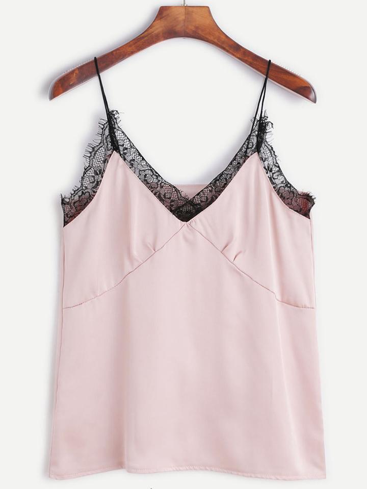 Shein Pink Spaghetti Strap Contrast Lace Cami Top