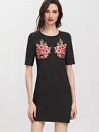 Shein Black Embroidered Flower Applique Tee Dress