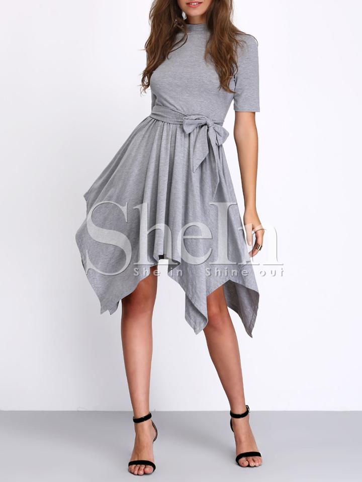 Shein Grey Self-tie Waist Asymmetric Hem Shift Dress