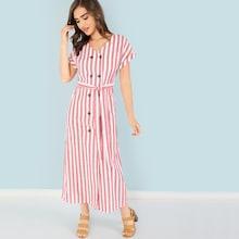 Shein Self Belted Double Breasted Striped Dress