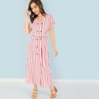 Shein Self Belted Double Breasted Striped Dress