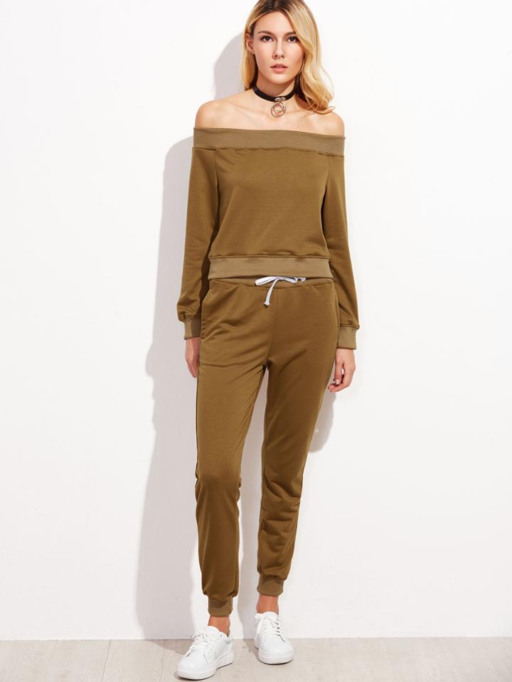 Shein Khaki Off The Shoulder Sweatshirt With Drawstring Pants