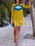 Shein Yellow Round Neck Color Block Dress