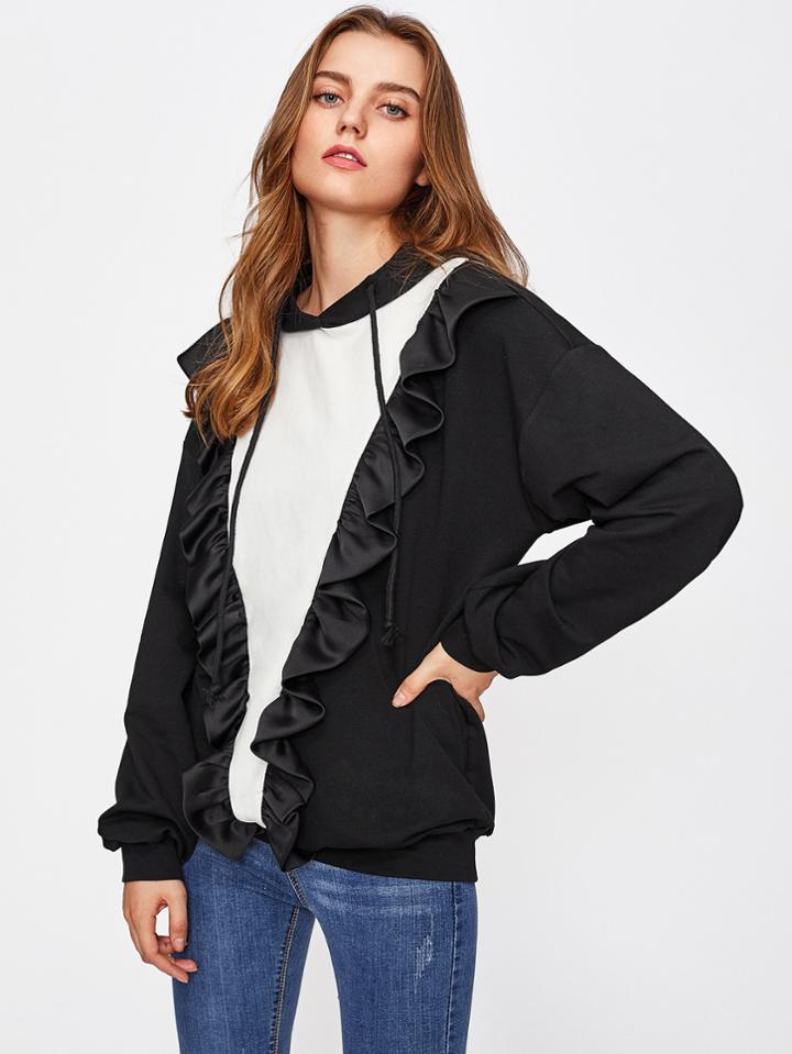 Shein Satin Ruffle Trim Two Tone Hoodie