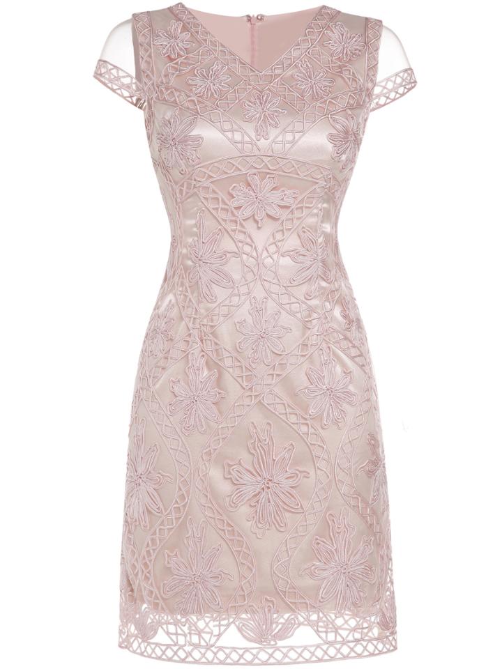 Shein Pink V Neck Gauze Disc Flowers Sheath Dress