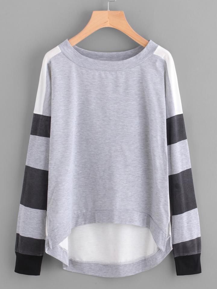 Shein Striped Sleeve Dip Hem Sweatshirt
