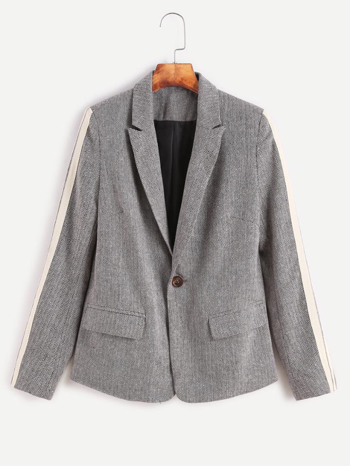 Shein Grey Striped Sleeve Chevron Pattern Tweed Blazer