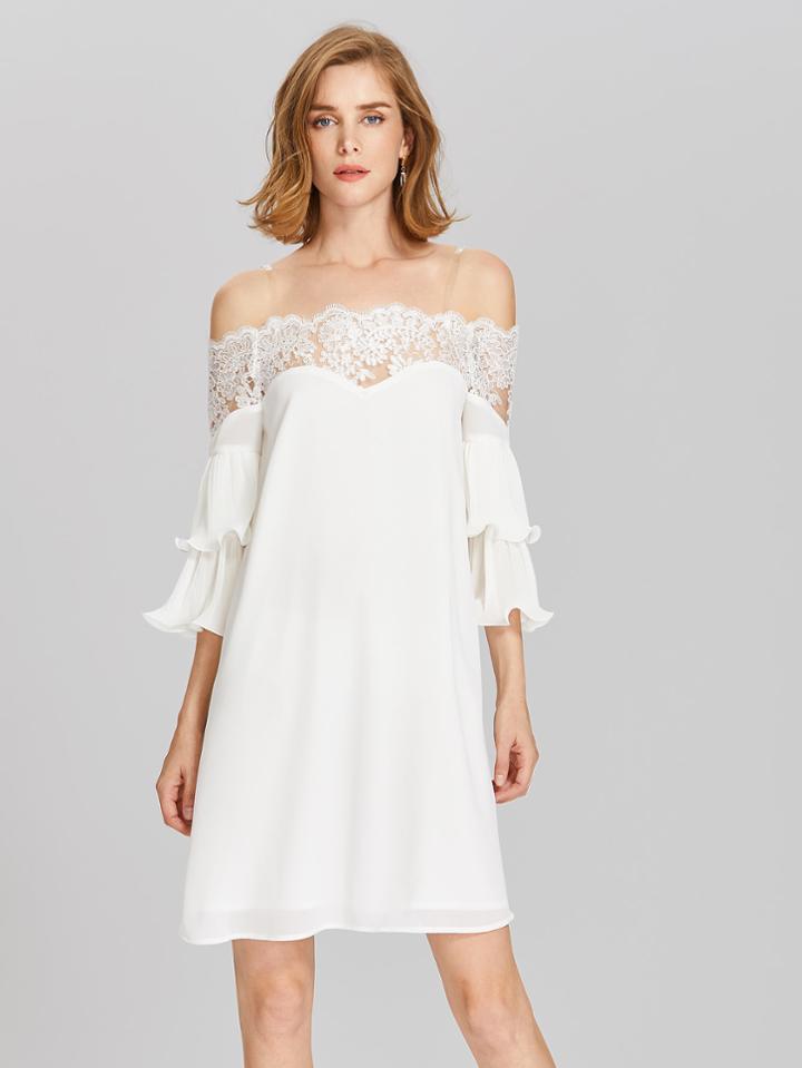 Shein Lace Bardot Neck Layered Lettuce Edge Sleeve Dress