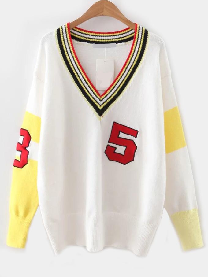 Shein White Color Block V Neck Varsity Sweater