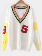 Shein White Color Block V Neck Varsity Sweater