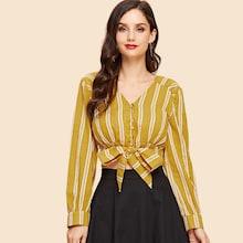 Shein Tie Waist Crop Striped Blouse