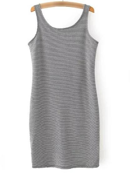 Shein Black White Sleeveless Split Back Thin Stripe Dress