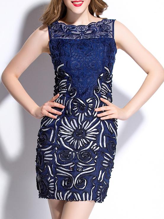 Shein Navy Disc Flowers Embroidered Sheath Dress