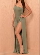 Rosewe Army Green One Shoulder Double Slit Jumpsuit