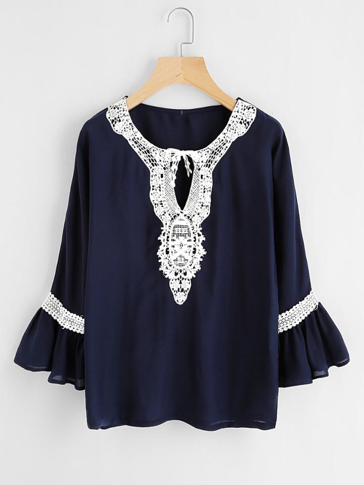 Shein Contrast Crochet Trim Flute Sleeve Blouse