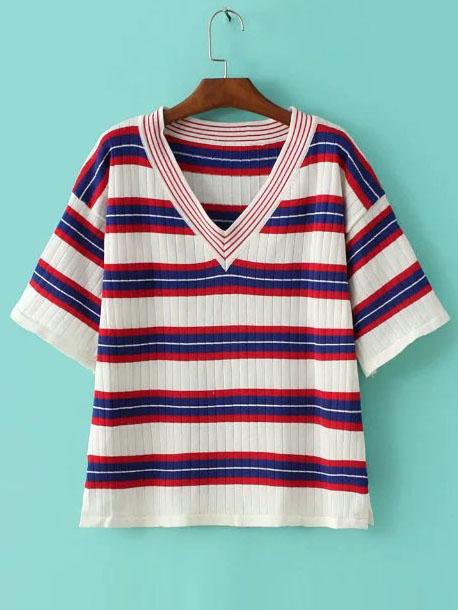 Shein Red Stripe V Neck Elbow Sleeve Ribbed Knit Sweater