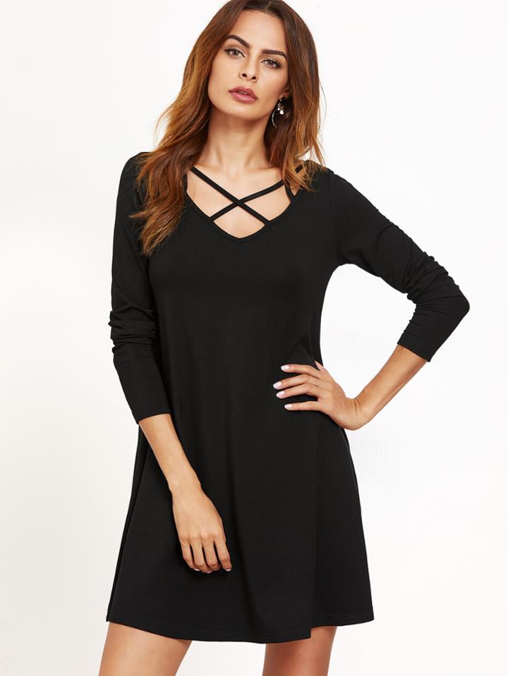 Shein Black Caged V Neck Swing Dress