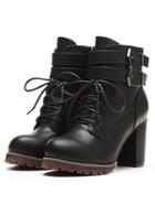Shein Black Buckle Strap Lace Up High Heeled Boots