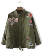 Shein Army Green Floral Embroidery Drawstring Pocket Coat