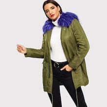 Shein Faux Fur Detail Drawstring Waist And Hem Parka Coat