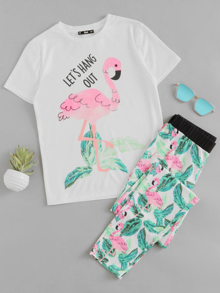 Shein Flamingo And Jungle Leaf Print Top And Pants Pajama Set