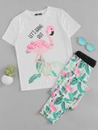 Shein Flamingo And Jungle Leaf Print Top And Pants Pajama Set