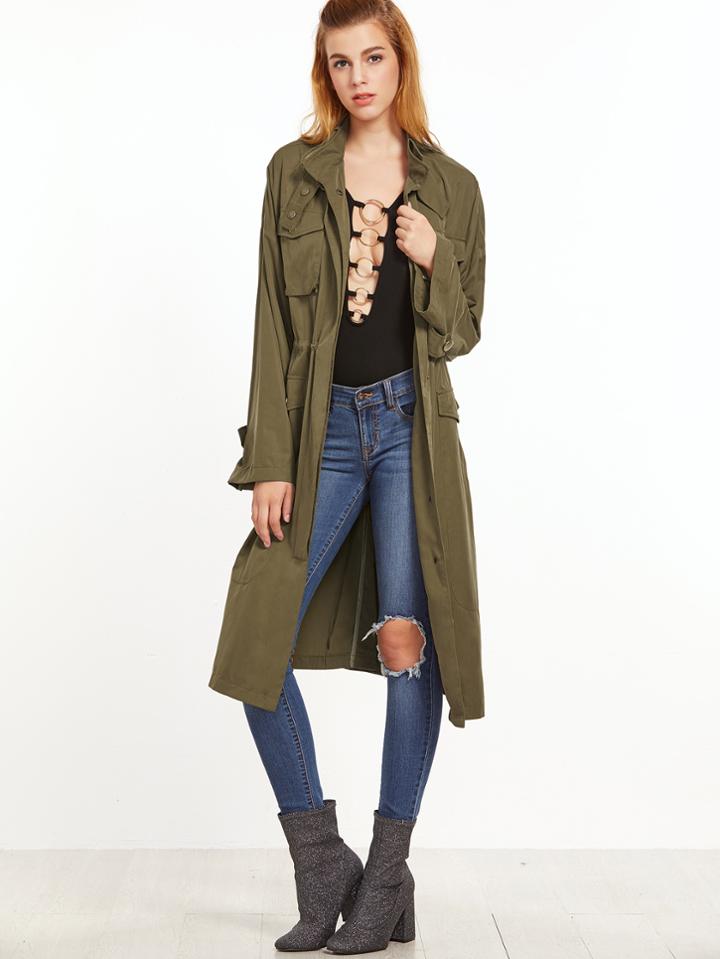 Shein Olive Green Multi Pocket Drawstring Waist Coat